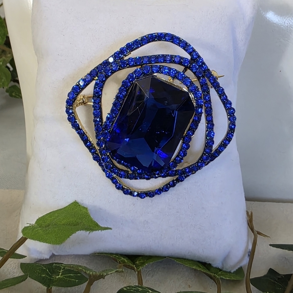Gold Royal Blue Crystal Brooch Pin